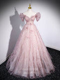 Pink Sparkly Wrinkled Tulle Prom Dresses Floral Off the Shoulder Puffed Sleeve 24409