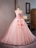 Pink Strapless Floral Quinceanera Dresses 3D Flower Tulle Prom Ball Gown 25051-Prom Dresses-vigocouture-Pink-Custom Size-vigocouture