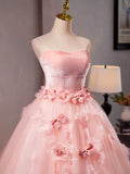 Pink Strapless Floral Quinceanera Dresses 3D Flower Tulle Prom Ball Gown 25051-Prom Dresses-vigocouture-Pink-Custom Size-vigocouture