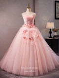 Pink Strapless Floral Quinceanera Dresses 3D Flower Tulle Prom Ball Gown 25051