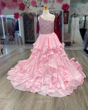 Pink Tiered One Shoulder Prom Dresses Full Beaded Bodice 24310-Prom Dresses-vigocouture-Pink-Custom Size-vigocouture