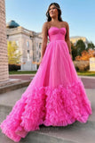 Pink Tiered Ruffled Prom Dresses Strapless Layered Formal Gown 24358