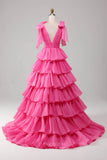 Pink Tiered Ruffled Prom Dresses with Slit Bow-Tie Pleated V-Neck 24459-Prom Dresses-vigocouture-Pink-Custom Size-vigocouture
