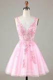 Pink V-Neck Sparkly Homecoming Dresses Lace Applique Graduation Dress hc379