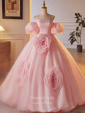 Pink Wrinkled Organza Rosette Prom Dresses Off the Shoulder Puffed Sleeve Quinceanera Dress 24404