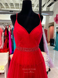 Pleated Tulle Cheap Prom Dresses Spaghetti Strap Beaded Belt 24163-Prom Dresses-vigocouture-Red-Custom Size-vigocouture