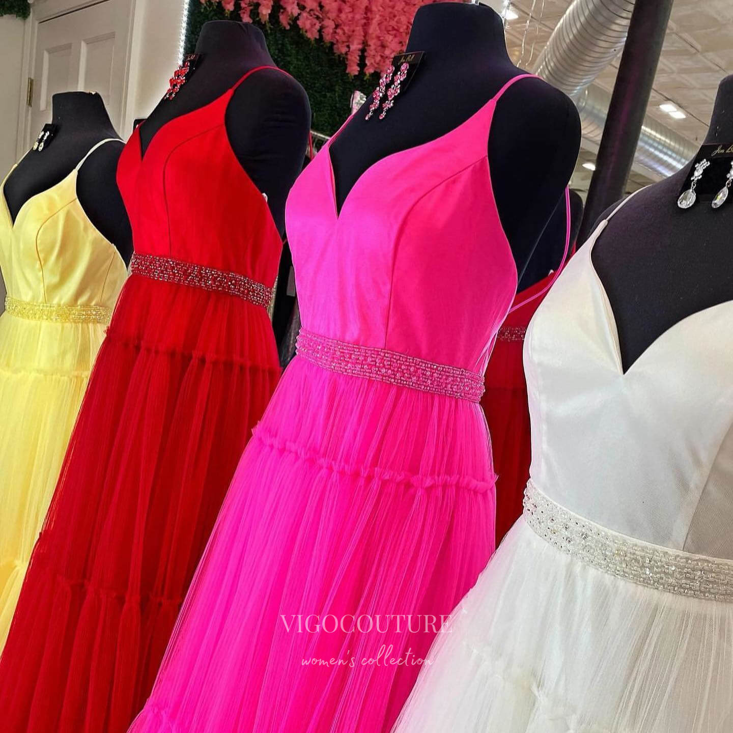 Pleated Tulle Cheap Prom Dresses Spaghetti Strap Beaded Belt 24163-Prom Dresses-vigocouture-Red-Custom Size-vigocouture