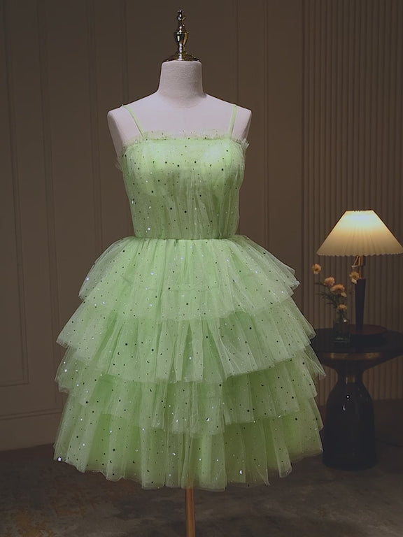 Light Green Tiered Homecoming Dress Sparkly Tulle Spaghetti Strap Grad
