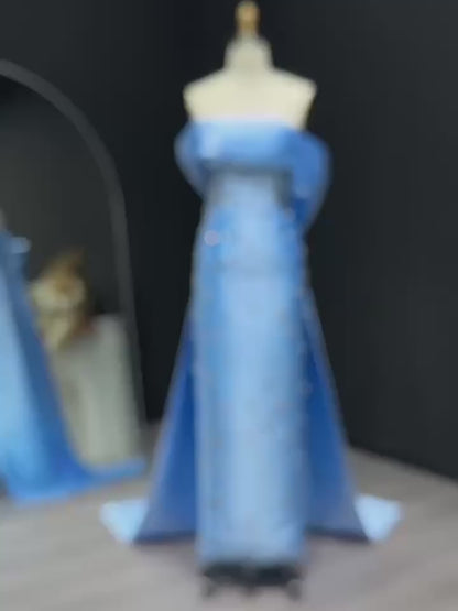 Light Blue Off-the-Shoulder Satin Sheath Evening Gown with Allover Beaded Appliqué & Draped Shawl Back – 26027