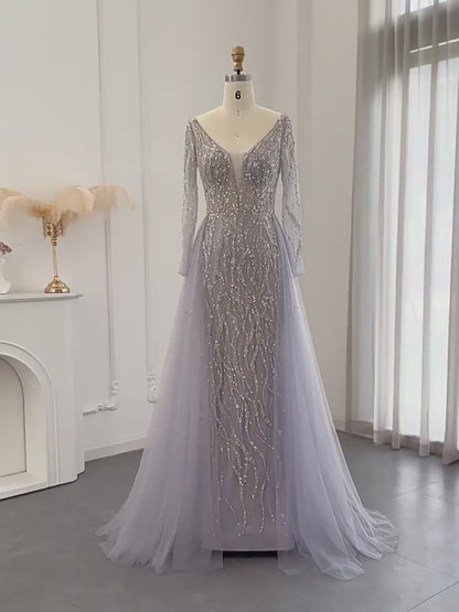 Lavender Allover Beaded Long Sleeve Evening Gown with Deep V Neck & Flowing Tulle Skirt – 26031