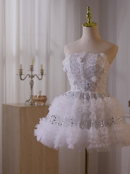 Glamorous White Sequin Homecoming Dress with Strapless Corset Bodice & Tiered Ruffle Skirt – 26012