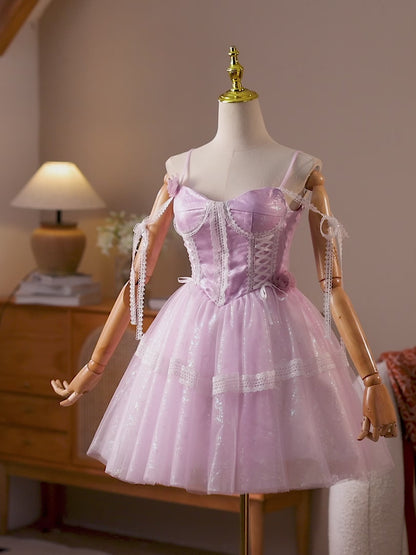 Lilac Spaghetti Strap Homecoming Dress with Lace Corset Bodice & Sparkly Tulle Skirt – HC484