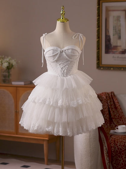 Ivory Lace Homecoming Dress with Pearl-Embellished Corset & Tiered Tulle Skirt – HC485