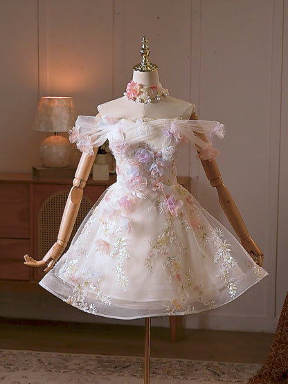 Fairytale Floral Applique Homecoming Dress with Off Shoulder Tulle Sleeves & Choker - HC512