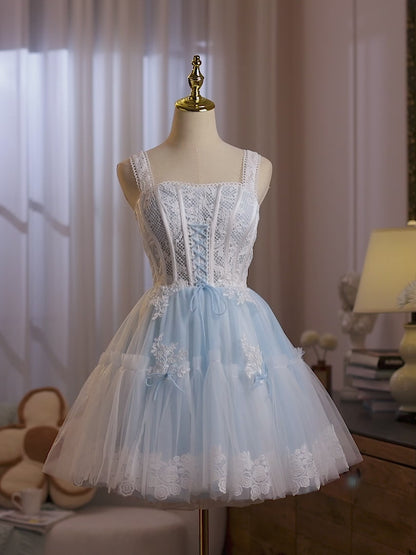 Light Blue Lace Corset Homecoming Dress with Bow Accents & Tulle Skirt – HC498