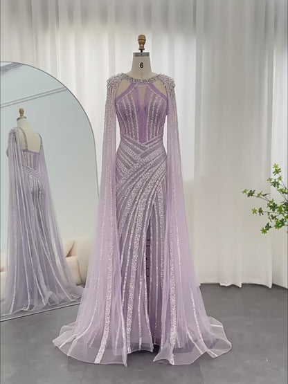 Radiant Beaded Sheath Evening Gown with Sheer Cape Sleeves, Deep V Illusion Bodice & High Slit – 26040