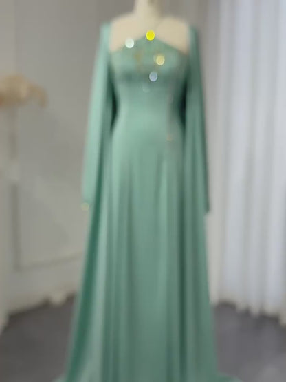 Mint Green Beaded Halter Neck Sheath Evening Gown with Cape Sleeves & Embroidered Bodice – 26026