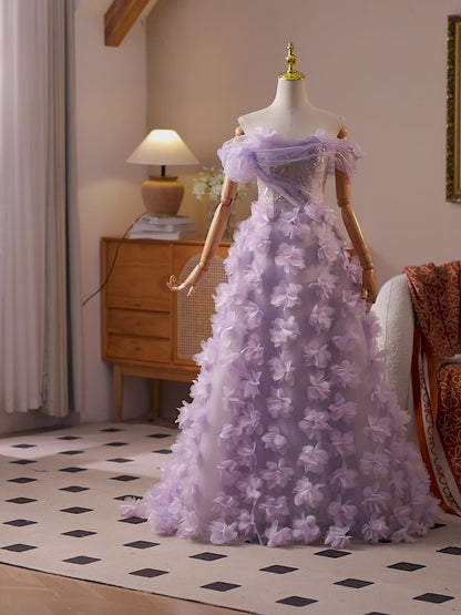 Lavender Off-Shoulder Ball Gown with Sequin Corset Bodice & 3D Floral Tulle Skirt – 25500