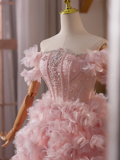 Blush Pink Off-Shoulder Homecoming Dress with Beaded Corset Bodice & 3D Floral Tulle Skirt – HC482