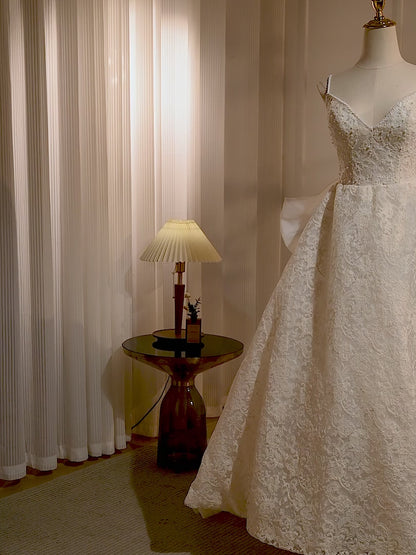 Ivory Lace High Low Prom Dresses Spaghetti Strap Bow Tie Formal Dress 24388