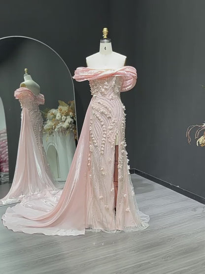 Blush Pink Off-Shoulder Beaded Evening Gown with 3D Floral Appliqué, High Slit & Draped Train – 26022