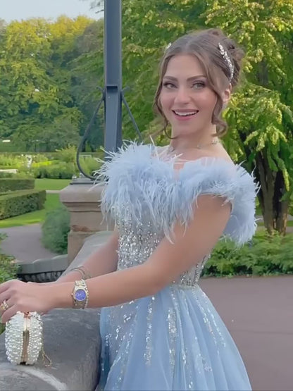 Lavender Off-the-Shoulder Feather Trim A-Line Evening Gown with Beaded Bodice & Sparkly Tulle Overskirt – 26028