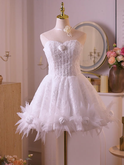 White Lace Strapless Mini Dress with Satin Rosette Trim, Sheer Corset Bodice & Lace-Up Back – 26005