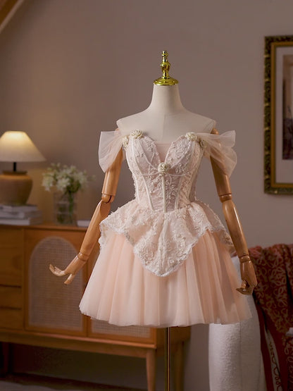 Peach Off-Shoulder Homecoming Dress with Lace Corset Bodice & 3D Rose Appliqués – HC486
