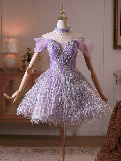 Lavender Rhinestone Beaded Homecoming Dress with Sparkly Fringe Skirt - HC514