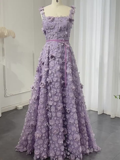 Lavender 3D Floral Appliqué A-Line Evening Gown with Square Neckline & Lace-Up Back – 26017