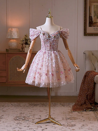 Blush Pink Floral Sequin Homecoming Dress with Off-Shoulder Bow Sleeves & Corset Bodice - HC513