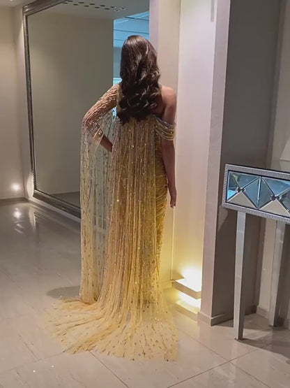 Yellow One-Shoulder Beaded Evening Gown with Cape Sleeve, Sequin Tulle & Crystal Waist – 26016
