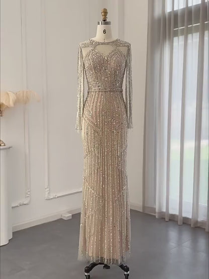 Champagne Gold Beaded Sheath Evening Gown with Long Sleeves & Illusion Neckline – 26037