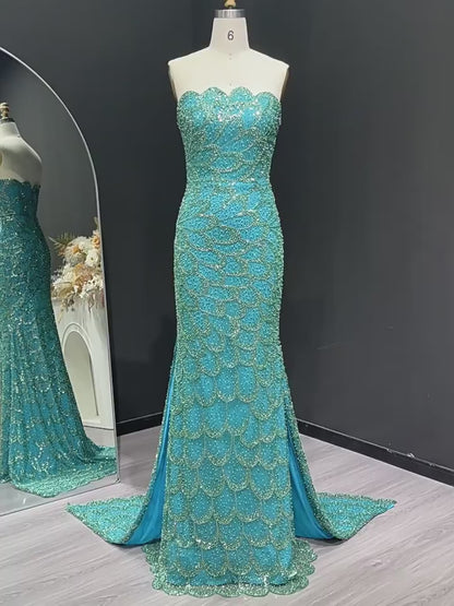 Teal Strapless Beaded Mermaid Evening Gown with Scalloped Sweetheart Neckline, Front Slit & Sweep Train – 26023