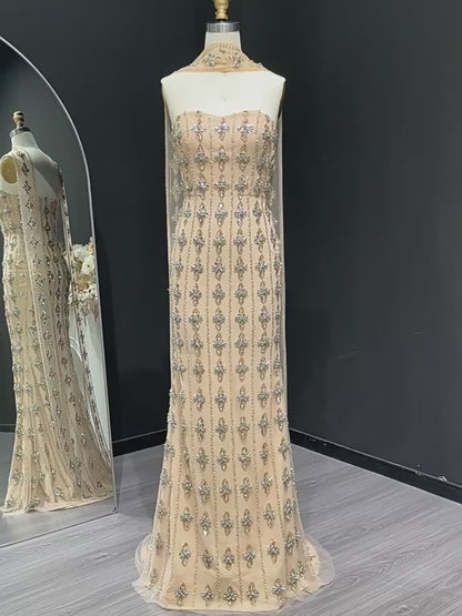 Vestido de fiesta de sirena con cuentas color champán 20295