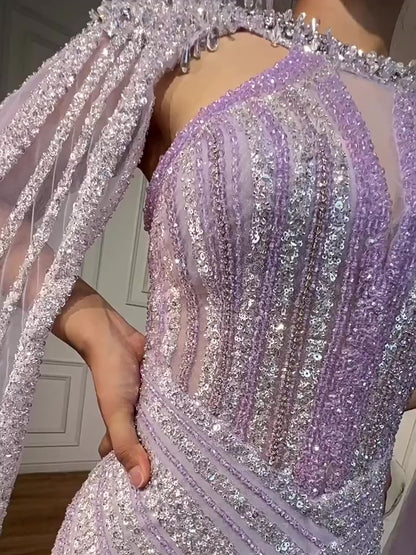 Gorgeous Beaded Mermaid Prom Dresses with Slit Cape Sleeve Pageant Dress 24503