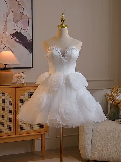 White Satin Corset Homecoming Dress with 3D Rosette Skirt & Pearl Beaded Neckline - HC511
