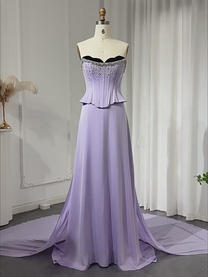 Lavender Strapless Corset Evening Gown with Crystal Beaded Bodice & Flowing Chiffon Skirt – 26030