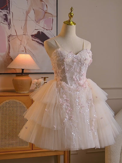 Blush Pink Fairycore Floral Beaded Homecoming Dress with Tiered Tulle Skirt & Corset Back - HC510
