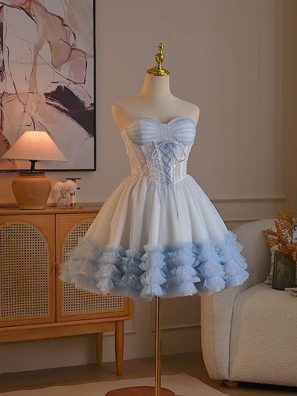 Dreamy Lace Corset Homecoming Dress with Ruffle Hem Tulle Skirt & Lace-Up Back - HC509