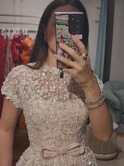 Champagne Allover Floral Beaded A-Line Evening Gown with High Neck, Short Sleeves & Bow Waist – 26024