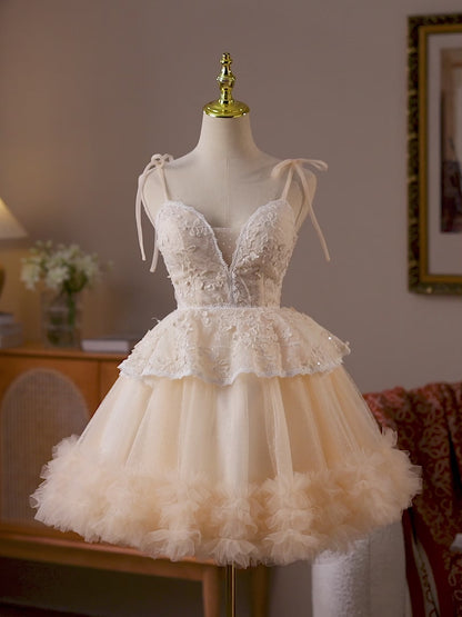 Champagne Lace Homecoming Dress with Plunging Neckline & Ruffled Tulle Hem – HC487