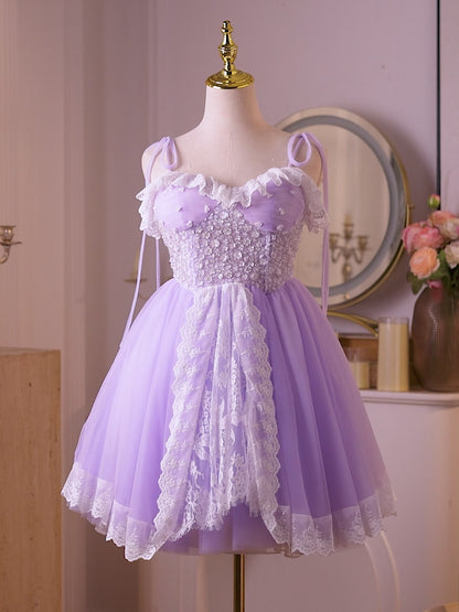 Lavender Lace Mini Homecoming Dress with Beaded Floral Bodice, Ruffled Sweetheart Neckline & Lace Hem – 26004