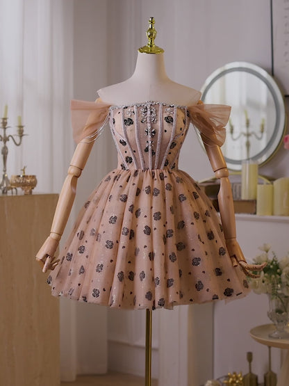 Vestido de regreso a casa con escote en V y lentejuelas en color champán, con encaje, hc406 