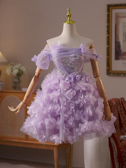 Lavender Off-Shoulder Homecoming Dress with Sparkly Sequin Corset & 3D Floral Tulle Skirt – HC483