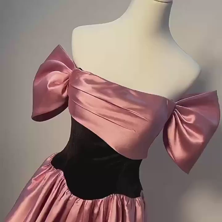 A Line Off the Shoulder Satin Pink High Split Prom Dresses Formal Dresses  PSK057
