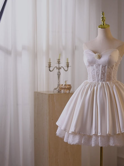 Elegant Ivory Satin Homecoming Dress with Lace Corset Bodice & Sweetheart Neckline – 26013