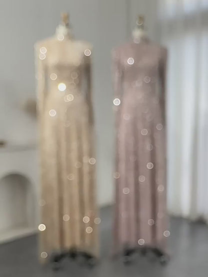 Champagne Fully Beaded Illusion Sheath Evening Gown with Geometric Beadwork, Long Fitted Sleeves & High Neck – 26041