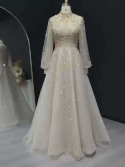 Champagne Beaded High Neck A-Line Evening Gown with Illusion Long Sleeves & Embellished Tulle Skirt – 26035