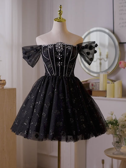 Vestido de fiesta de tul negro con estrellas y escote en V para la vuelta al cole hc412 